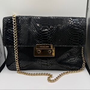 Michael Kors Black Embossed Clutch with Gold Chain
